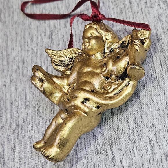 Vintage Christmas Ornament Angel Cherub Gold Finish Victorian Holiday Decoration - Picture 10 of 14